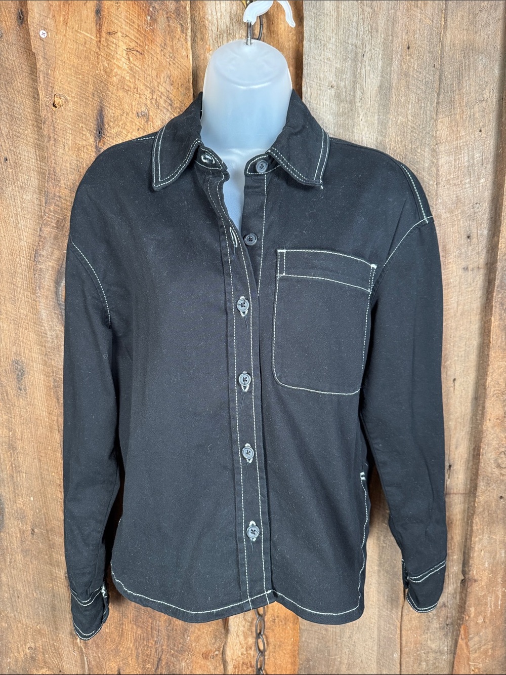 bagatelle Black Button-Down Cotton Shirt with Contrast White Stitching